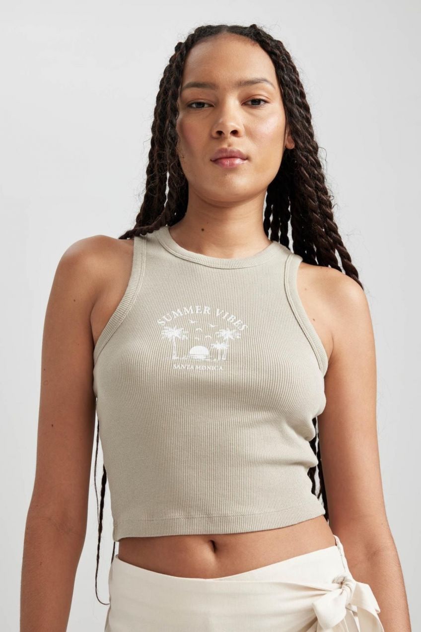 DEFACTO Fitted Printed Crew Neck Ribbed Camisole Undershirt