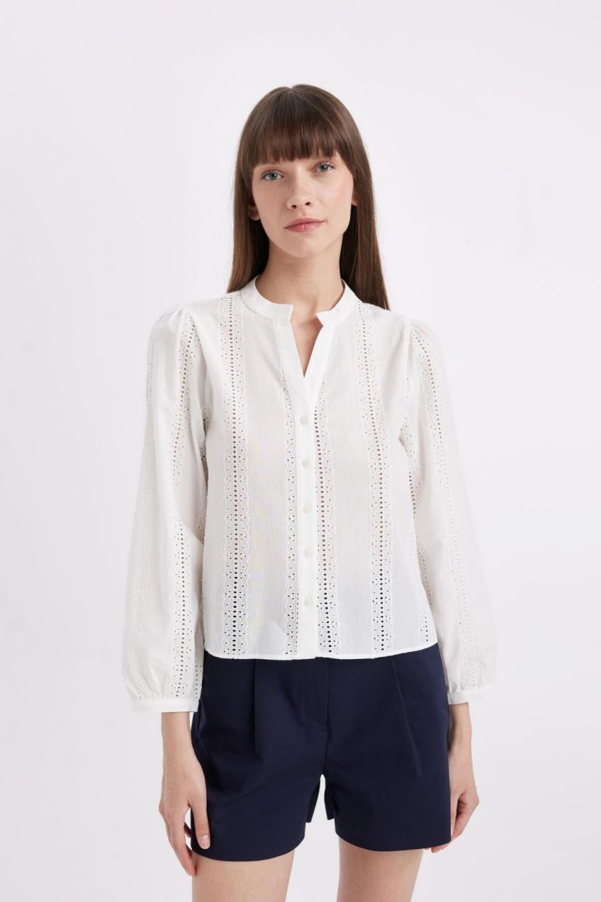 DEFACTO Fitted Crew Neck Embroidery Long Sleeve Blouse