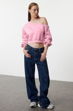 Trendyol Pink Regular Fit Thick Inside Fleece Crop Asymmetrical Collar Knitted Sweatshirt