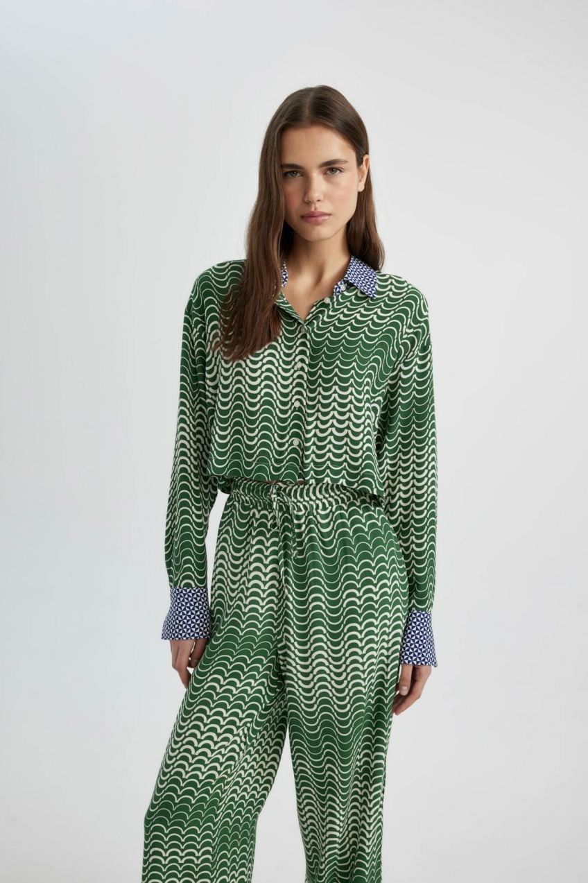 DEFACTO Crop Patterned Moroccan Long Sleeve Shirt