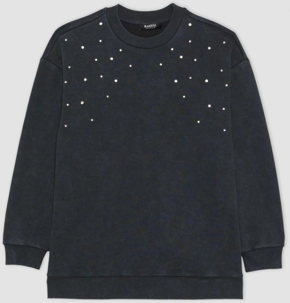 DEFACTO Regular Fit Crew Neck Embroidered Sweatshirt Tunic