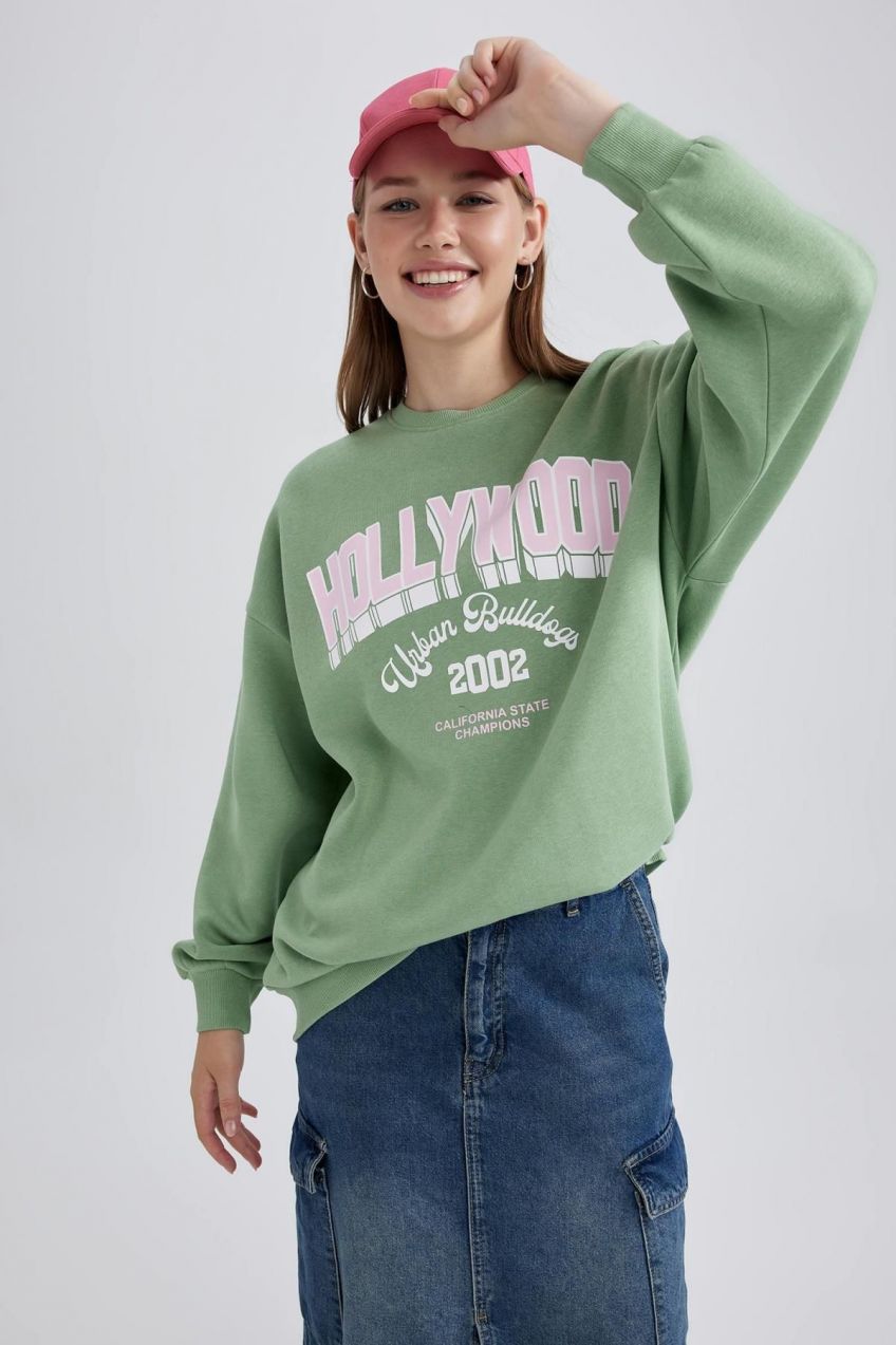 DEFACTO Cool Oversize Fit Crew Neck Printed Thick Fabric Sweatshirt