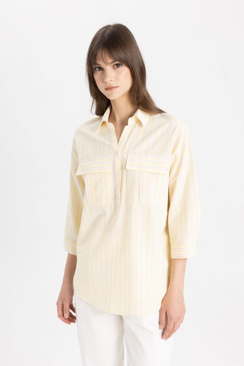DEFACTO Relax Fit Shirt Collar Poplin Long Sleeve Striped Tunic