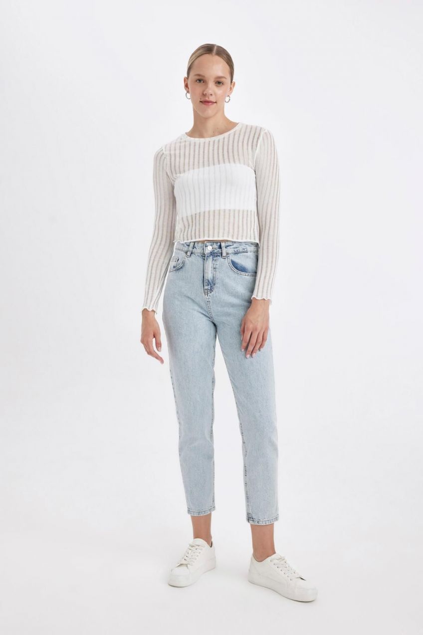 DEFACTO Lina Mom Fit High Waist Ankle Length Jean Washed Trousers