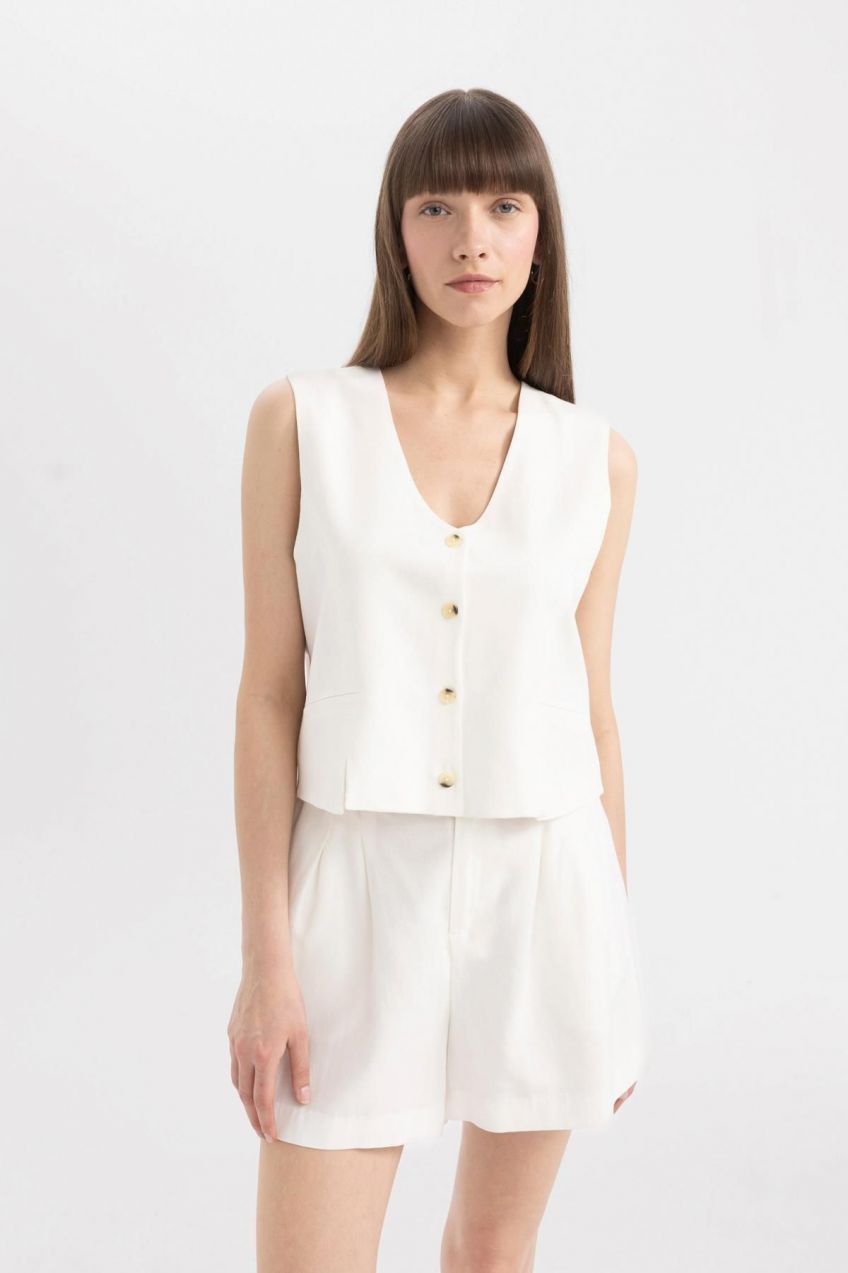 DEFACTO V-Neck Linen Blend White Blazer Vest