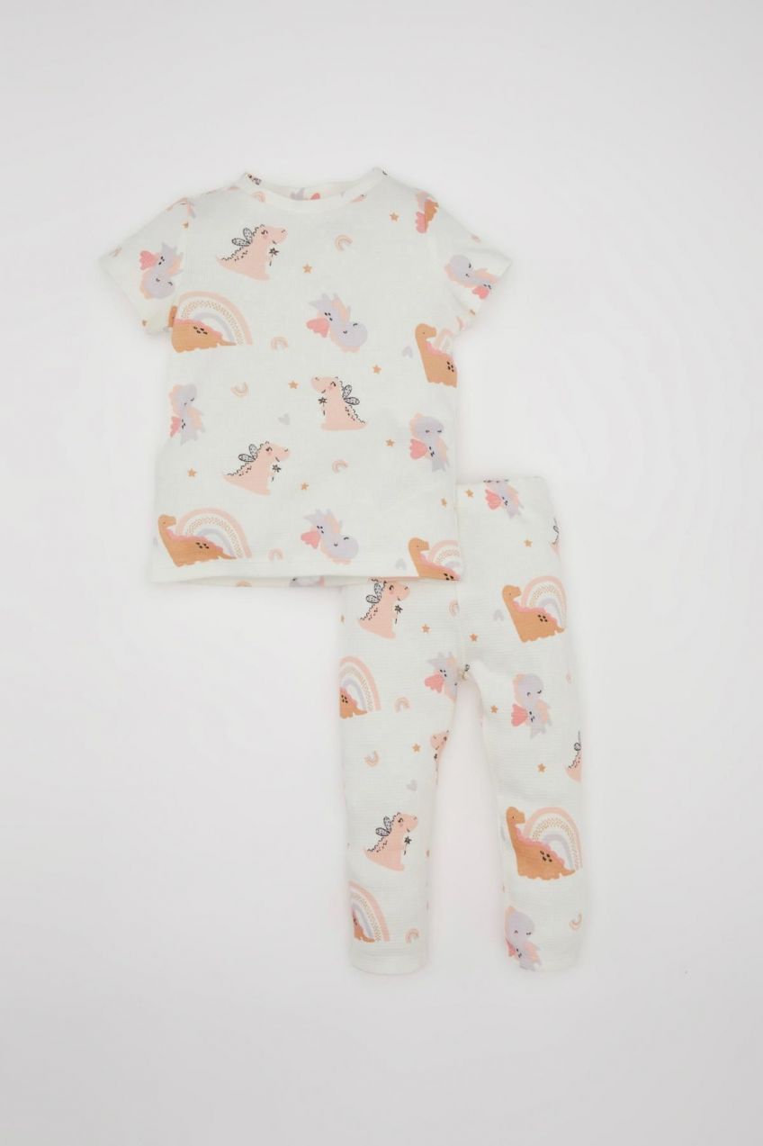 DEFACTO Baby Girl Dinosaur Printed Short Sleeve Waffle Pajama Set