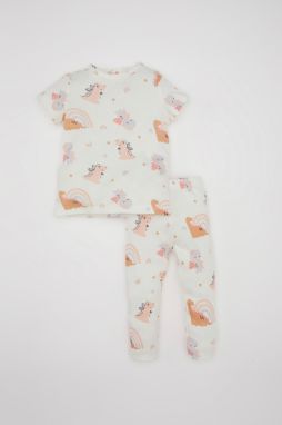 DEFACTO Baby Girl Dinosaur Printed Short Sleeve Waffle Pajama Set