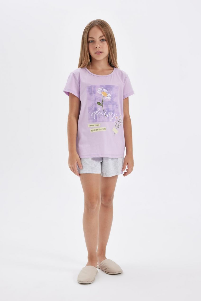DEFACTO Girl's Printed Short Sleeve Pajama Set with Shorts