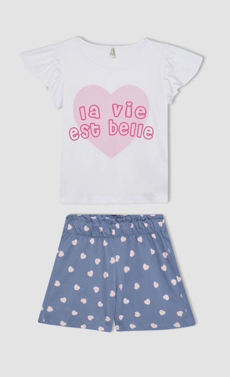 DEFACTO Girl's Printed Short Sleeve Pajama Set with Shorts