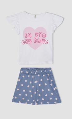 DEFACTO Girl's Printed Short Sleeve Pajama Set with Shorts