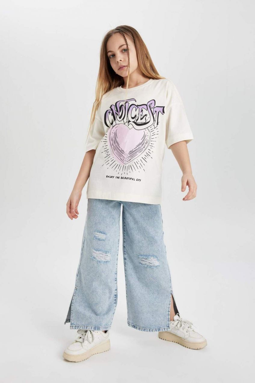 DEFACTO Girl's Wide Leg Ripped Detailed Wide Leg Jeans Z4708a623au