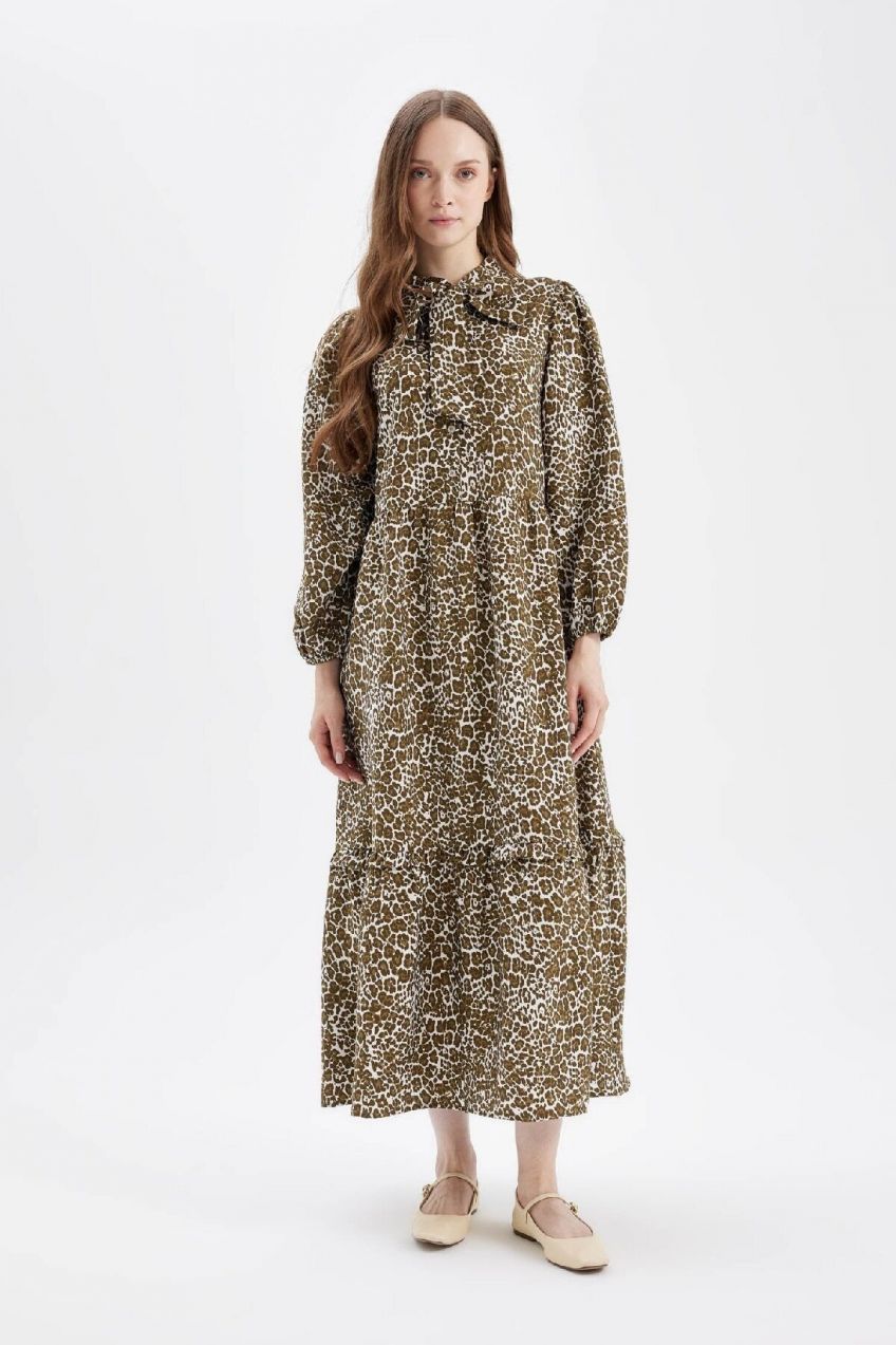 DEFACTO Bow Collar Leopard Print Long Sleeve Maxi Dress