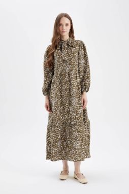 DEFACTO Bow Collar Leopard Print Long Sleeve Maxi Dress