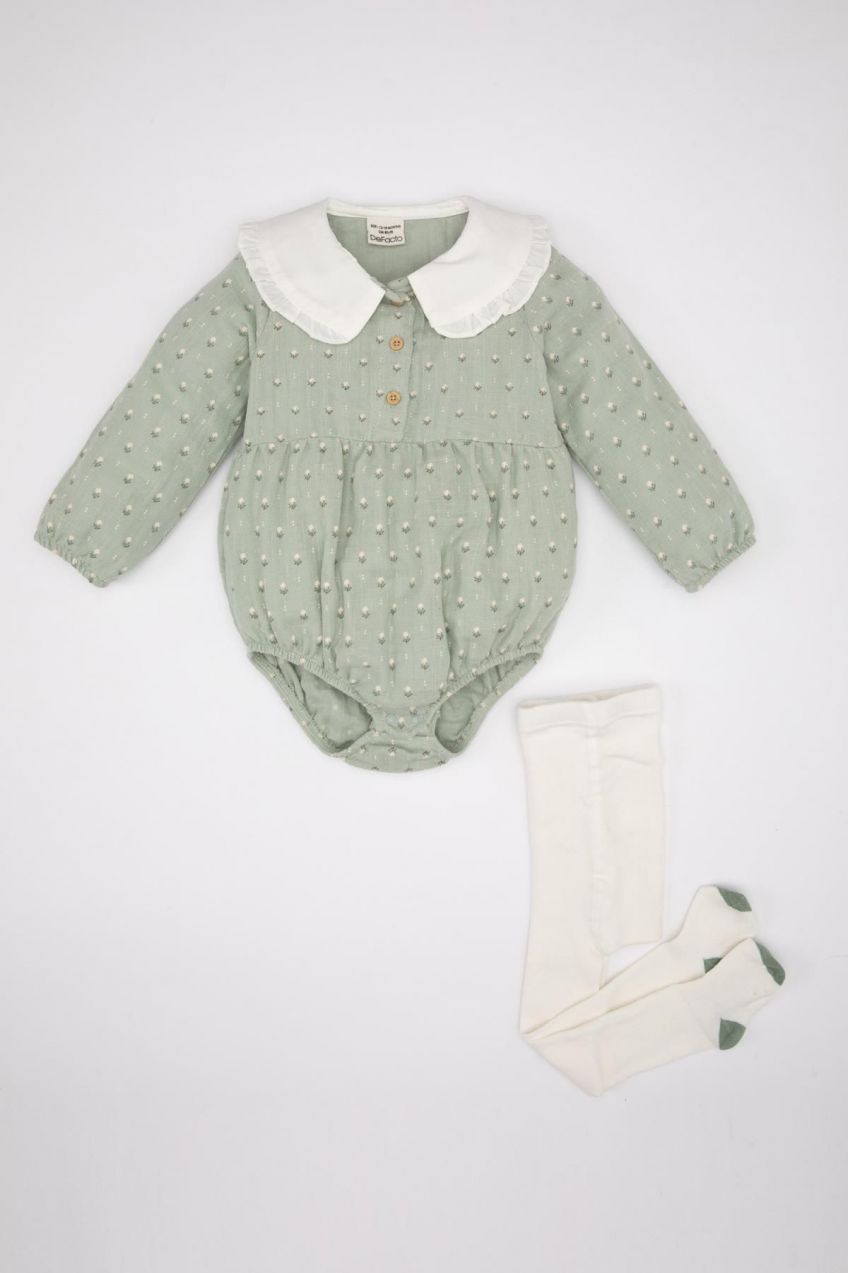 DEFACTO Baby Girl Newborn Long Sleeve Floral Muslin Snap Jumpsuit Pantyhose 2-Piece Set
