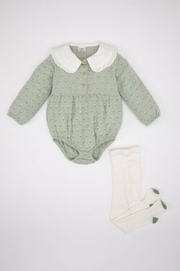 DEFACTO Baby Girl Newborn Long Sleeve Floral Muslin Snap Jumpsuit Pantyhose 2-Piece Set