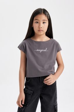 DEFACTO Girl's Printed Crop Short Sleeve T-Shirt