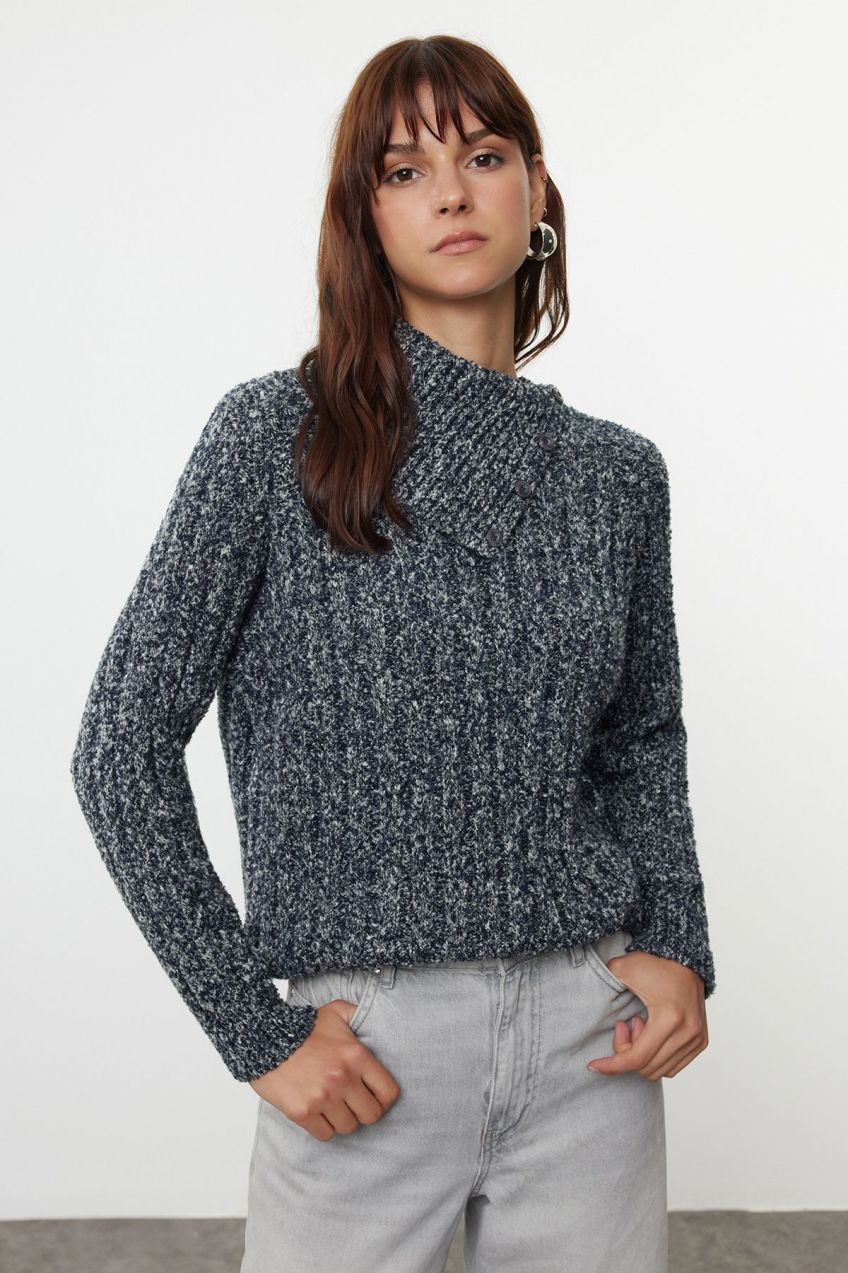 Trendyol Navy Blue Collar Detailed Gradient Yarn Knitwear Sweater
