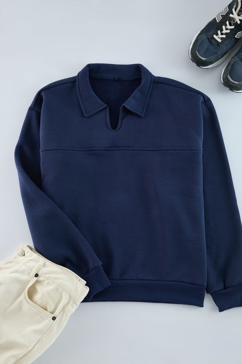 Trendyol Navy Blue Oversize/Wide Cut Polo Sweatshirt with Fleece Inside