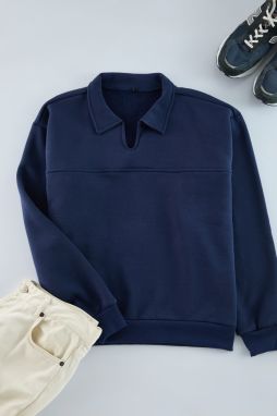Trendyol Navy Blue Oversize/Wide Cut Polo Sweatshirt with Fleece Inside