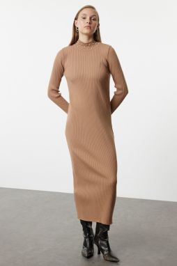 Trendyol Camel Pearl Stone Accessory Knitwear Dress