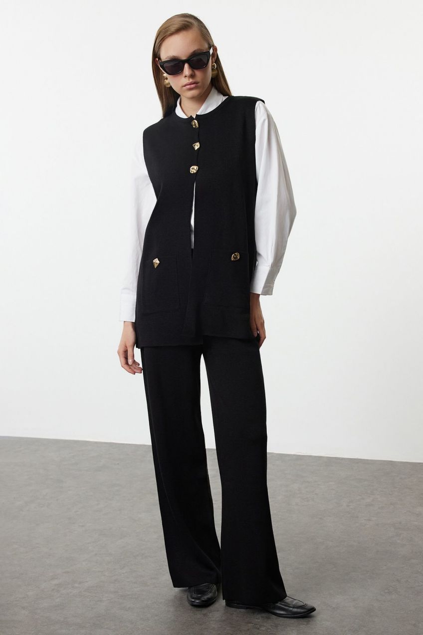 Trendyol Black Button Detailed Knitwear Vest Trousers Bottom-Top Suit