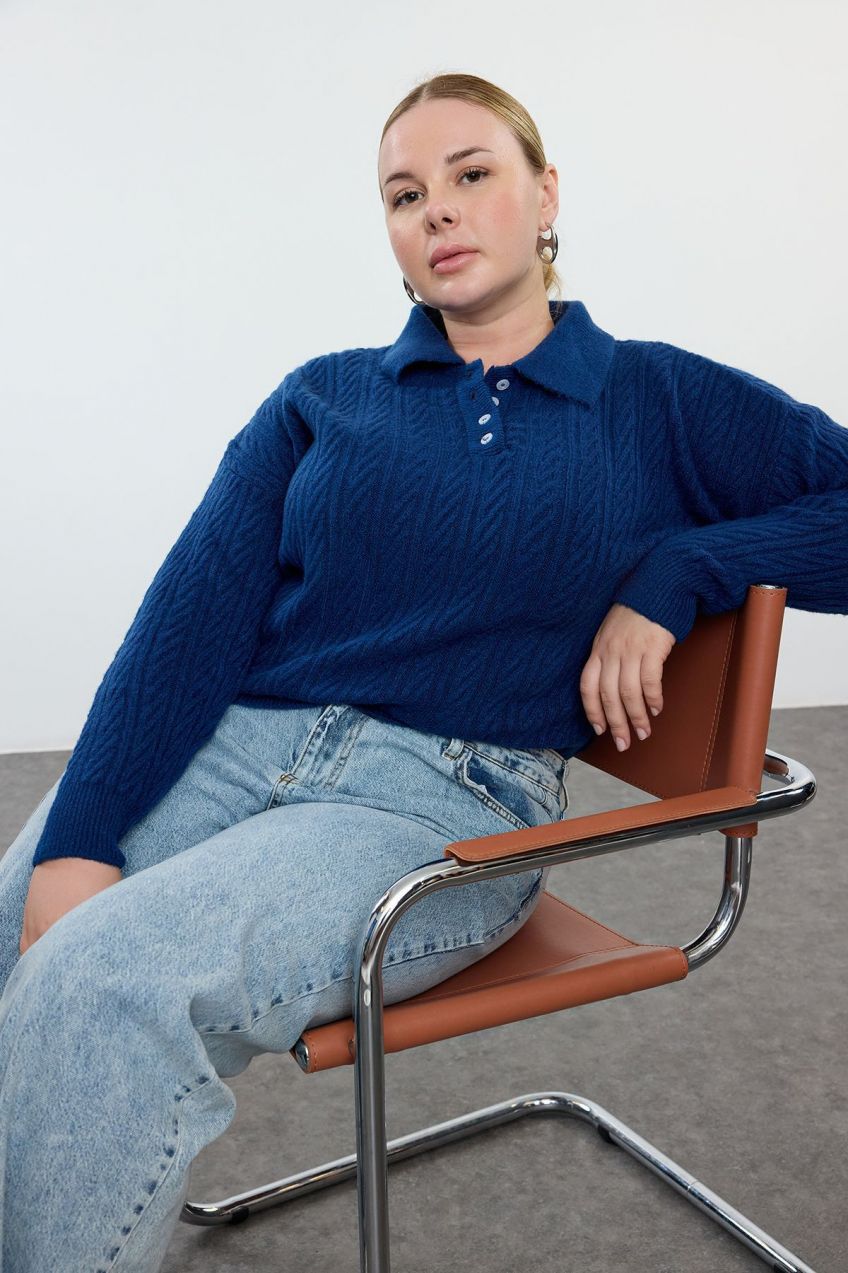 Trendyol Curve Indigo Hair Knit Detailed Buttoned Collar Knitwear Sweater