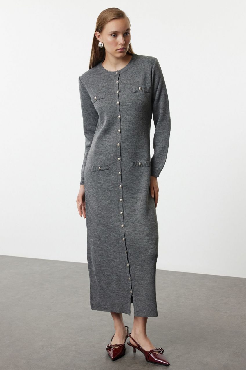 Trendyol Anthracite Knitwear Buttoned Dress