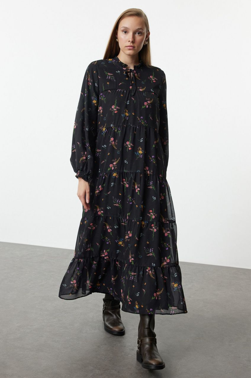Trendyol Black Crispy Floral Patterned Collar Detailed Woven Dress