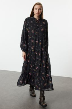 Trendyol Black Crispy Floral Patterned Collar Detailed Woven Dress