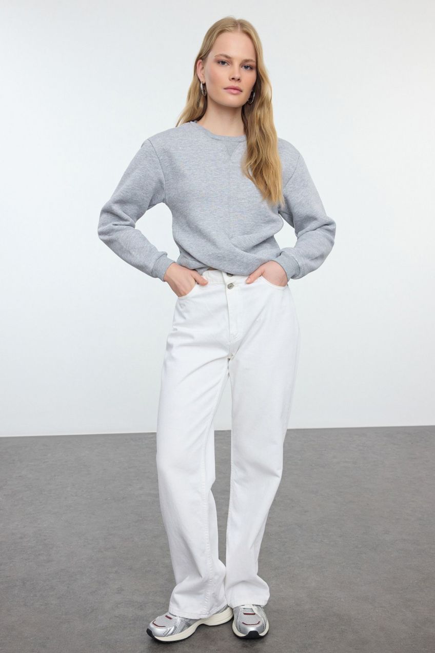 Trendyol Gray Melange Twirl Detailed Crop Thick Inside Fleece Crew Neck Knitted Sweatshirt