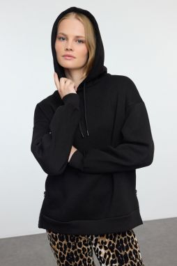 Trendyol Black Zipper Detailed Oversize Pattern Hooded Thick Polar Fleece Knitted Sweatshirt