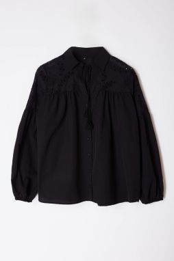 Trendyol Black Shoulder and Sleeves Embroidery Lace Detailed Woven Shirt