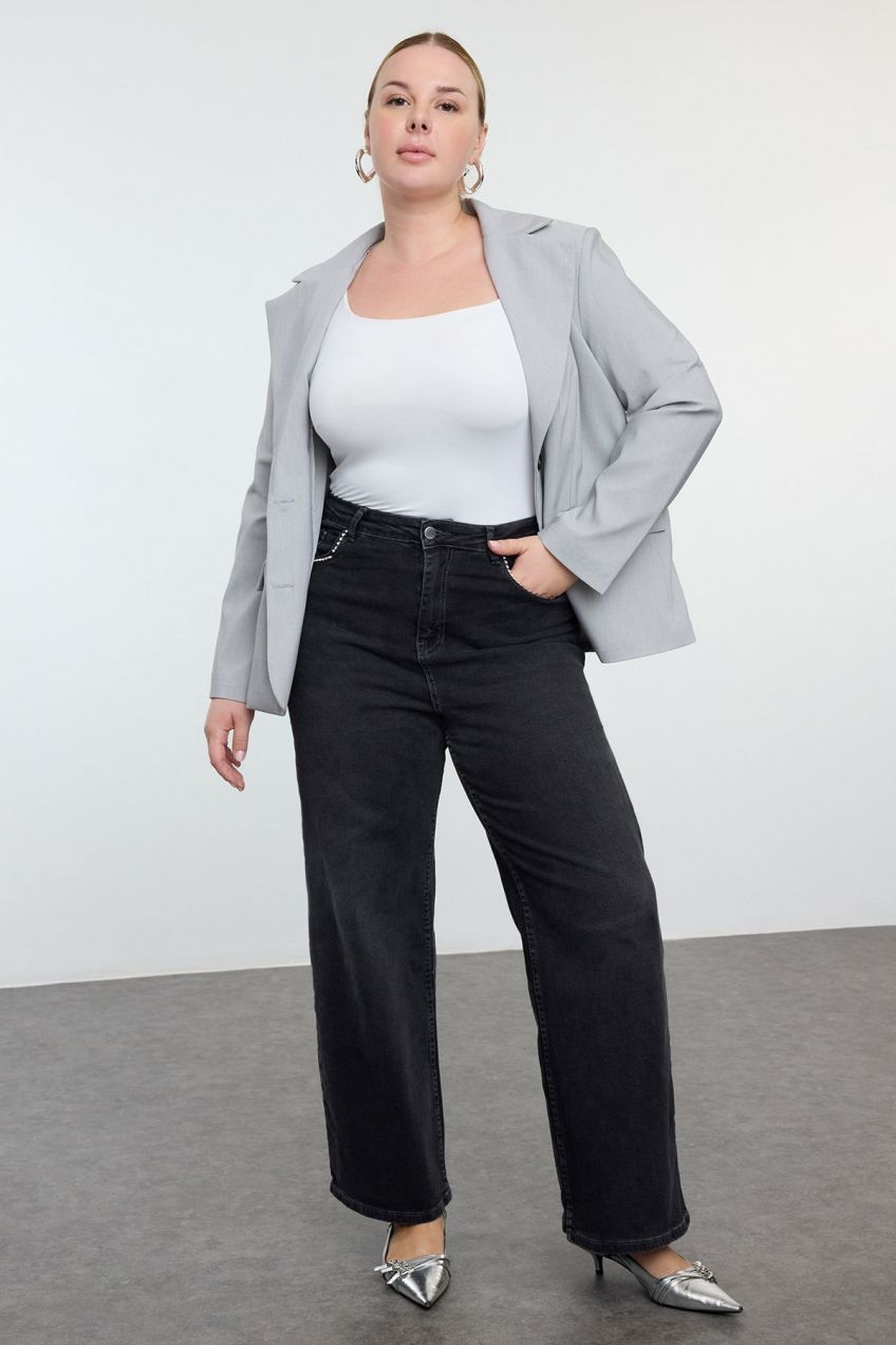 Trendyol Curve Anthracite High Waist Pockets Stoned Wide Leg Plus Size Jeans