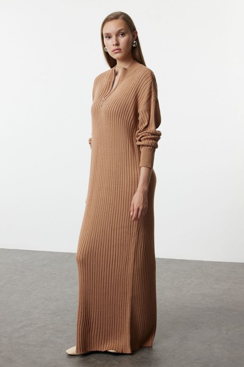 Trendyol Camel Plain Shift Maxi Knit Dress