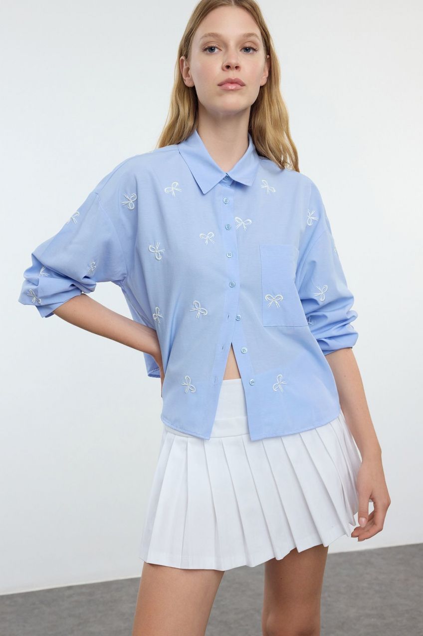 Trendyol Light Blue Bow Embroidery Detail Crop Woven Shirt Shirt