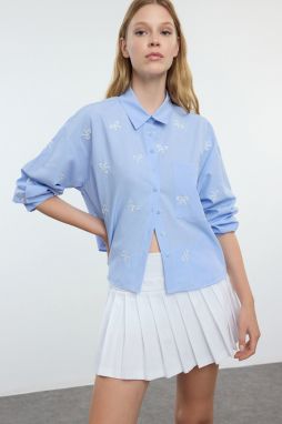 Trendyol Light Blue Bow Embroidery Detail Crop Woven Shirt Shirt
