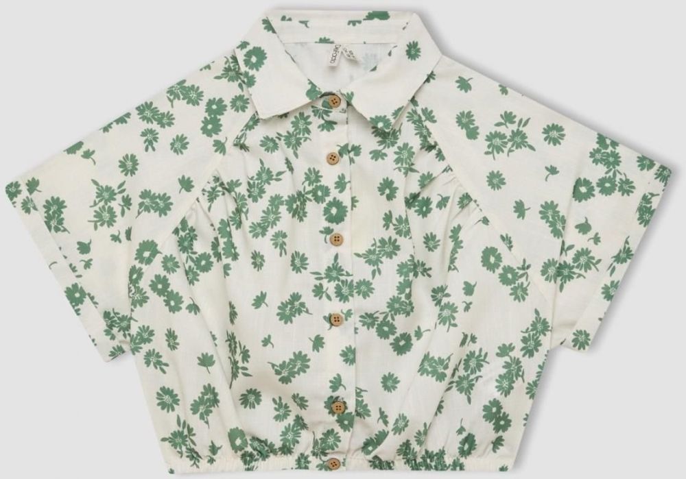 DEFACTO Girl's Crop Cotton Floral Short Sleeve Shirt