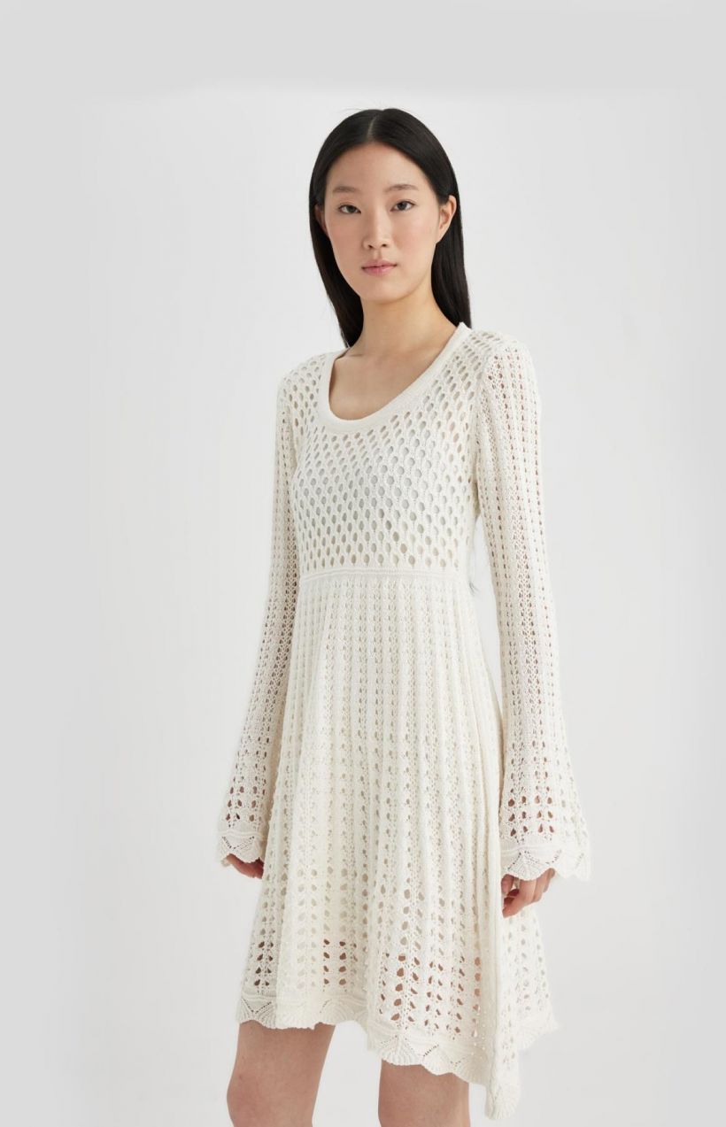 DEFACTO A-Line U-Neck Knitted Long Sleeve Mini Dress