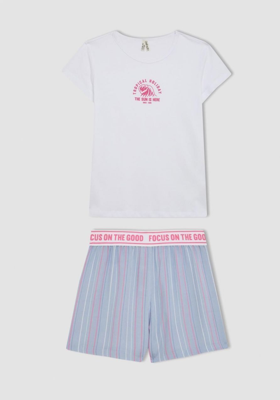 DEFACTO Girl's Printed Short Sleeve Pajama Set with Shorts
