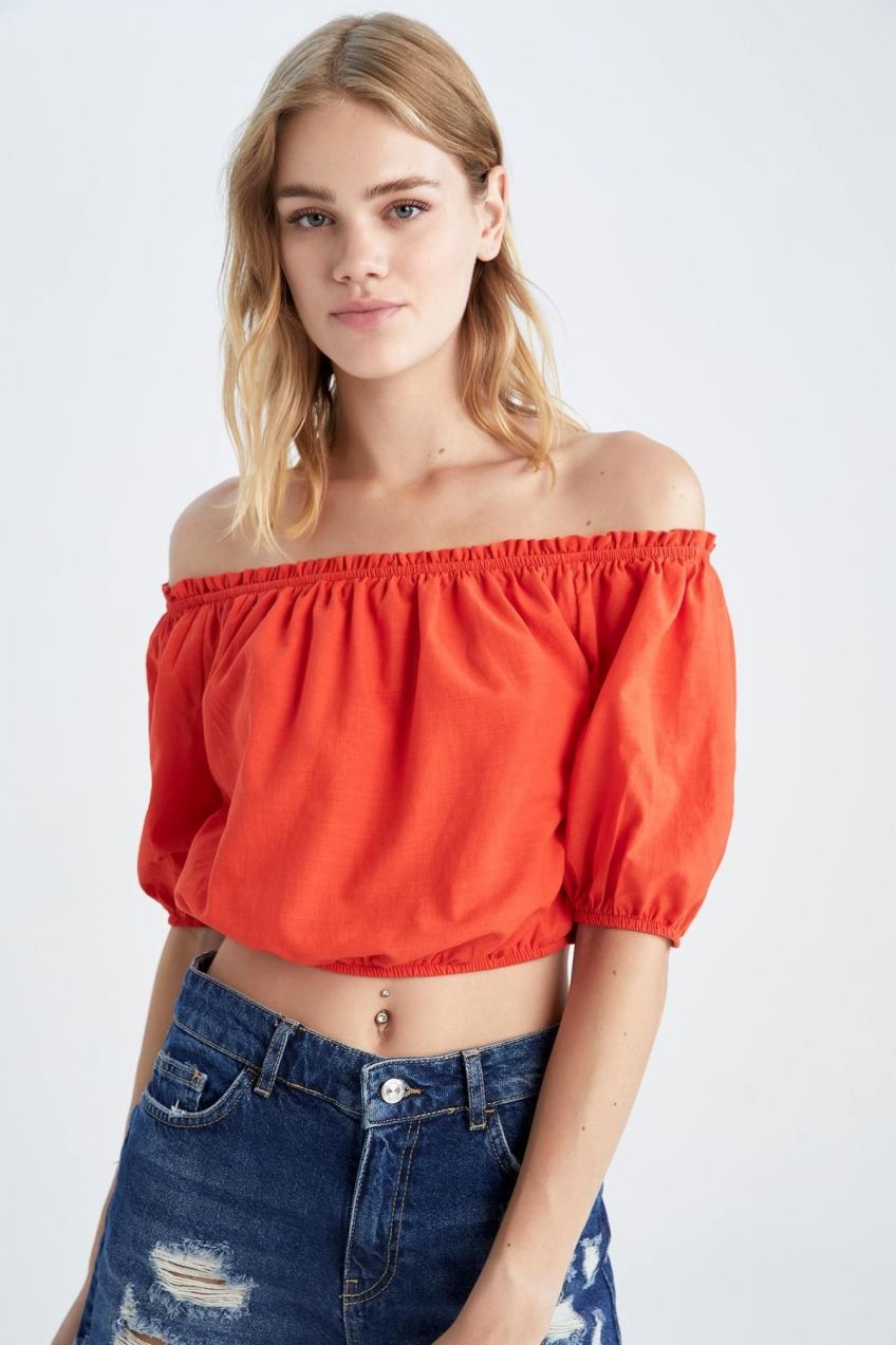 DEFACTO Crop Basic Off Shoulder Half Sleeve Linen Look Blouse
