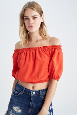 DEFACTO Crop Basic Off Shoulder Half Sleeve Linen Look Blouse