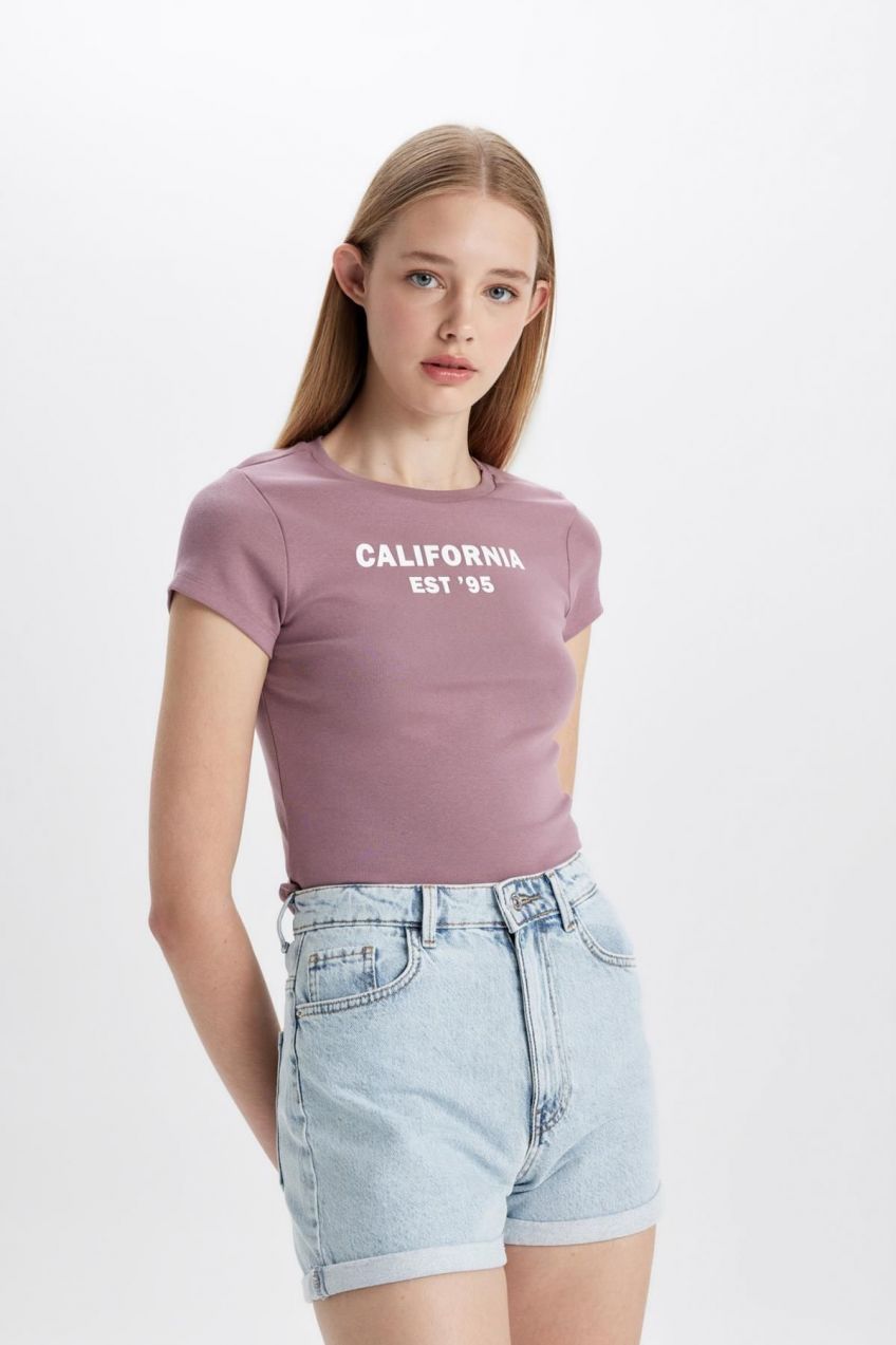 DEFACTO Fitted Crew Neck Printed Ribbed Short Sleeve T-Shirt