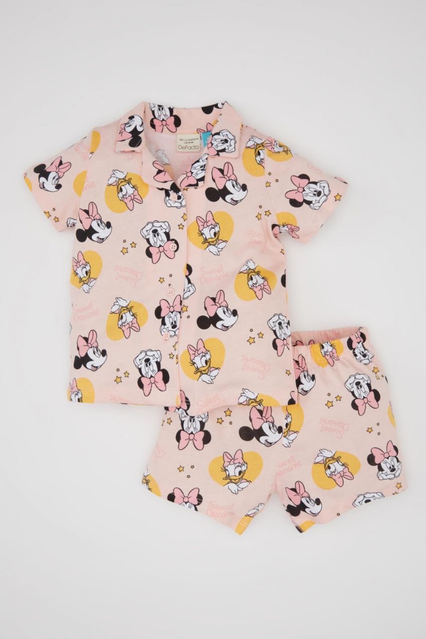 DEFACTO Baby Girl Disney Mickey & Minnie Short Sleeve Combed Cotton Pajama Set with Shorts