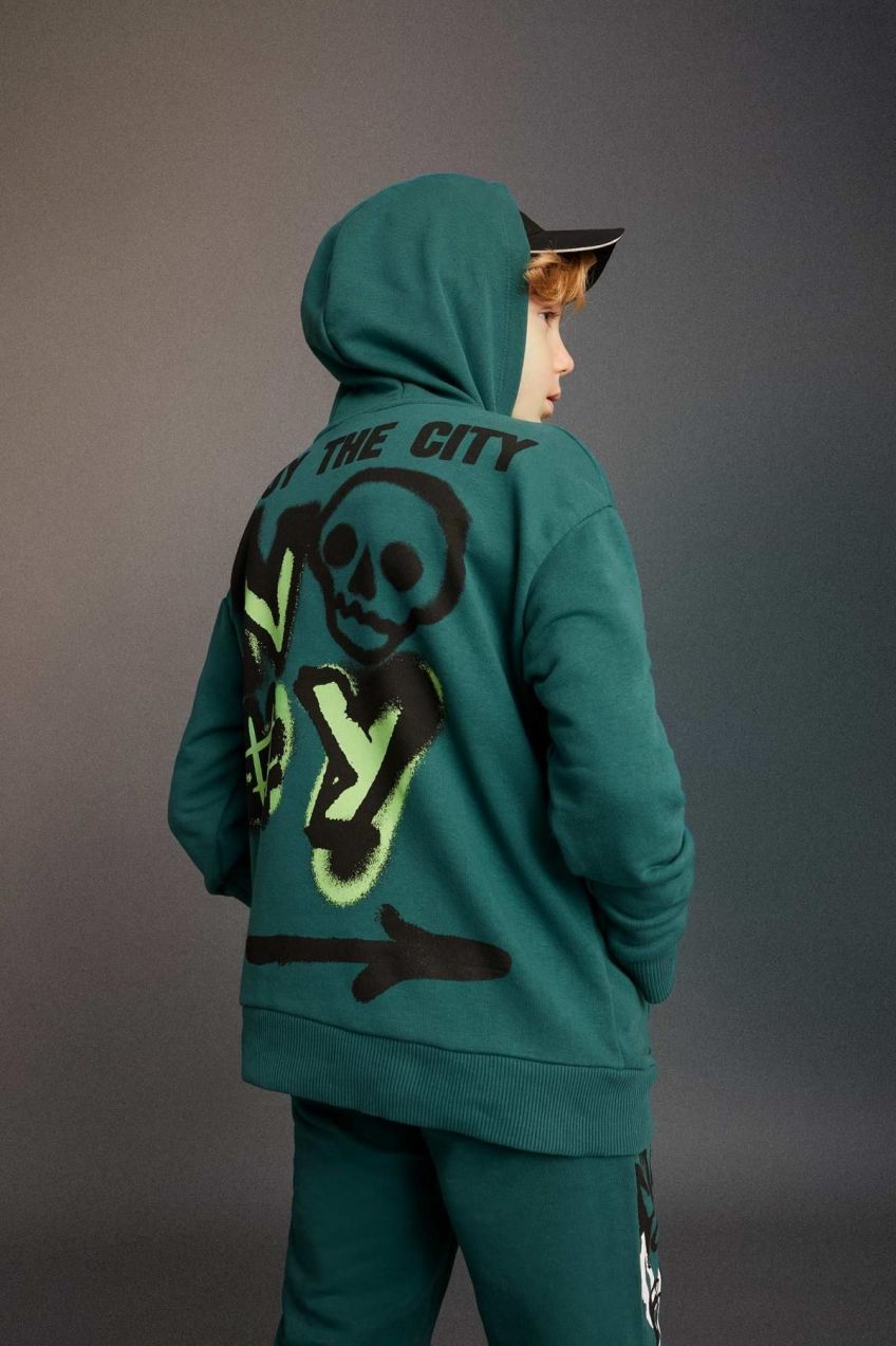 DEFACTO Boy's Oversize Fit Back Printed Hooded Sweatshirt