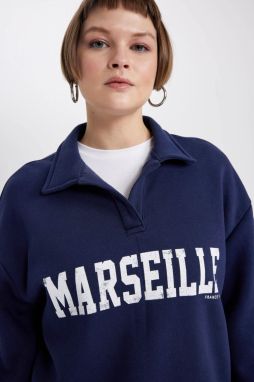DEFACTO Relax Fit Polo Neck Printed Thick Sweatshirt
