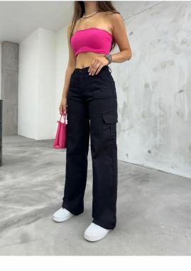 12128 Dewberry High Waist Wide Leg Cargo Pocket Trousers-BLACK