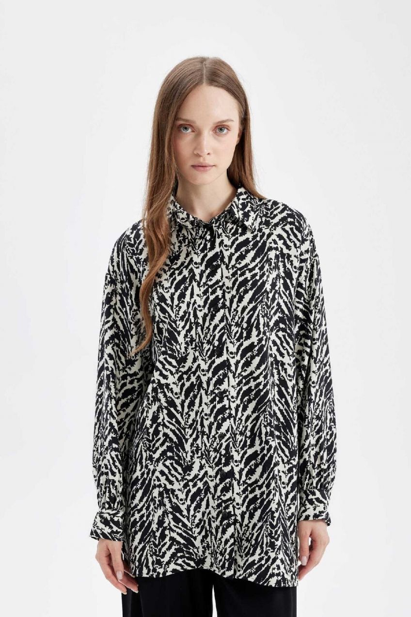 DEFACTO Relax Fit Zebra Patterned Long Sleeve Shirt Tunic