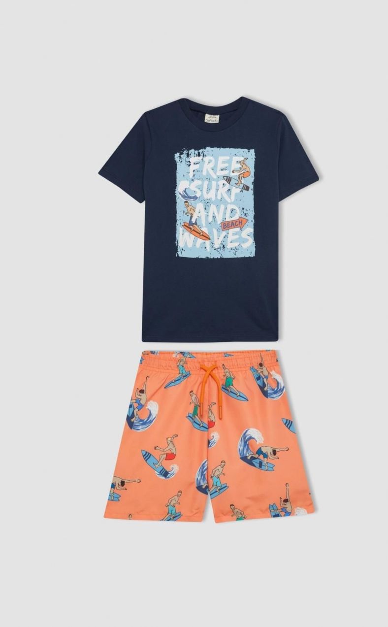 DEFACTO Boy's Printed Short Sleeve T-Shirt Swim Shorts Set of 2
