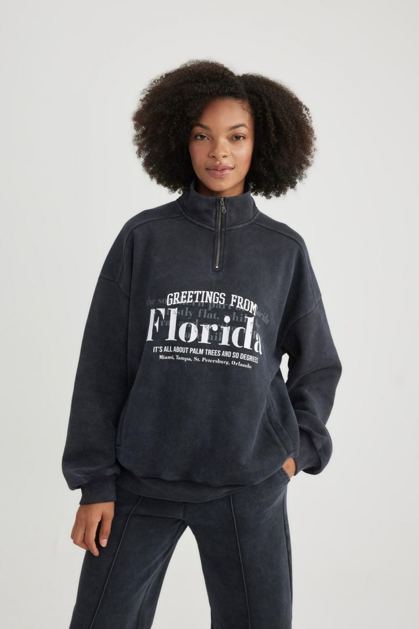 DEFACTO Half Zipper Printed Thick Fabric Washed Pale Effect Sweatshirt