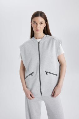 DEFACTO College Collar Soft Fuzzy Sleeveless Zippered Bomber Cardigan